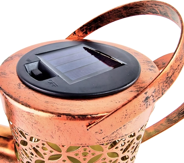 Solární zahradní lampa ve tvaru konve s teplými LED, zápich a závěs na hák