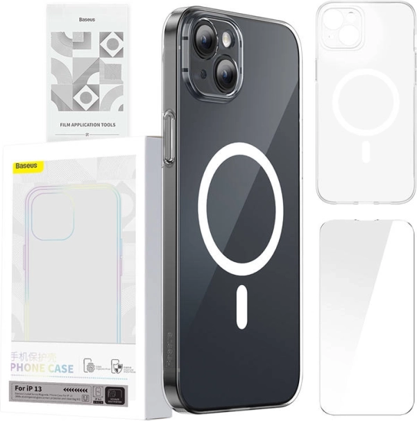 Baseus Magnetic Crystal Clear pouzdro pro iPhone 13 s tvrzeným sklem a čisticí sadou