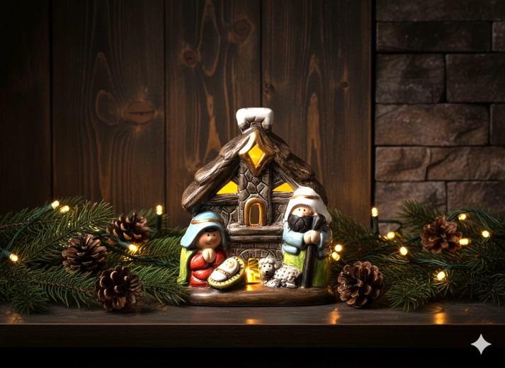 Vánoční betlém domek s LED podsvícením 10 × 6,6 × 12 cm