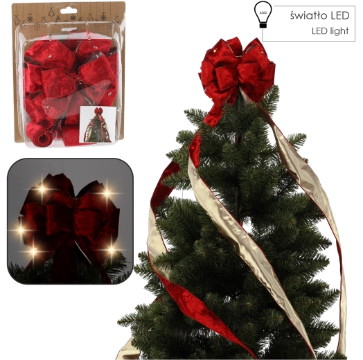 Červená sametová vánoční mašle s LED osvětlením na špičku stromku 1,8 m