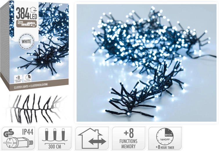 Vánoční LED řetěz 3 m, studená bílá, 384 LED, 8 režimů s časovačem