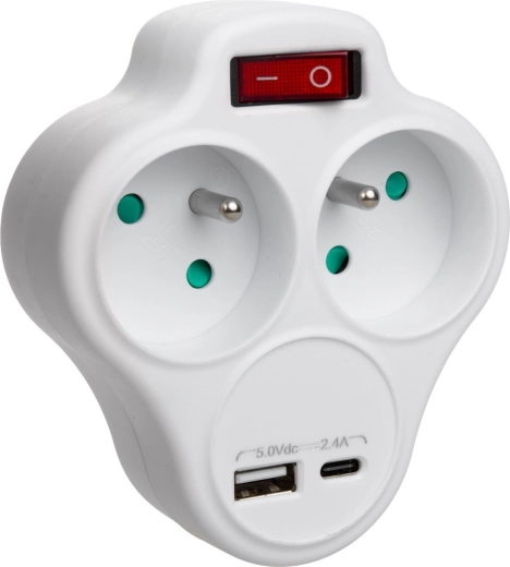 Zásuvkový rozbočovač se 2 zásuvkami, USB a USB-C