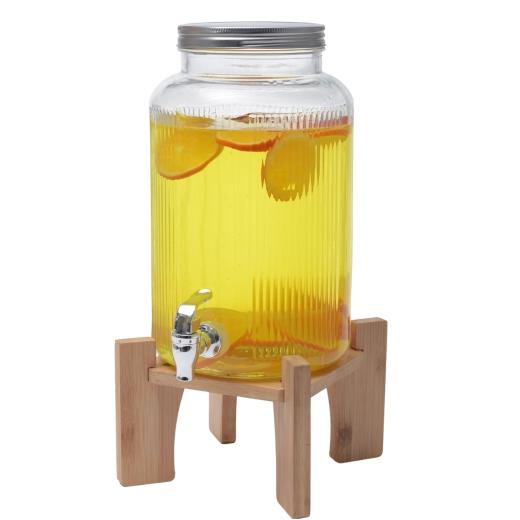 Skleněný nápojový dispenser 5,5 l s dřevěným stojanem a stříbrným víčkem