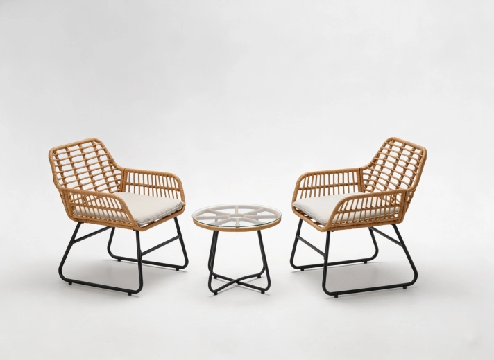 Zahradní set z umělého ratanu s kulatým stolkem a 2 křesly, hnědý ratan, šedé polštáře