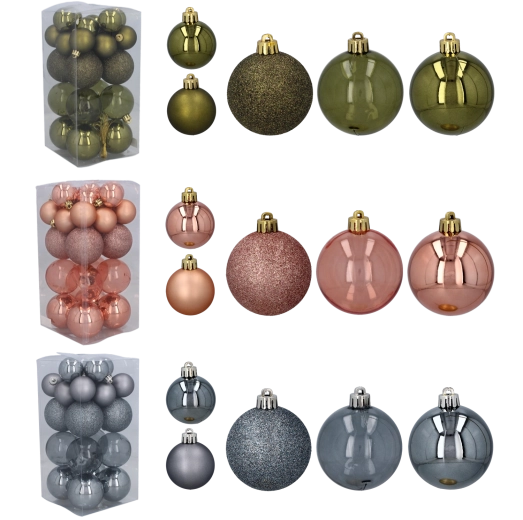 Sada 27 vánočních ozdob v olivové, měděné a grafitové barvě