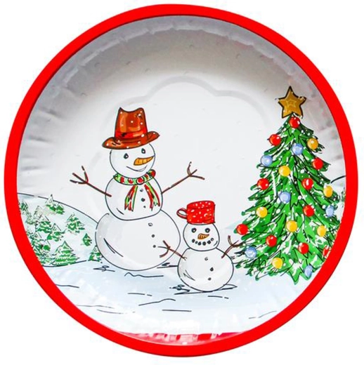 Vánoční kulatý plechový podnos Sněhulák 26 cm