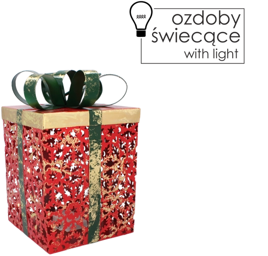 Vánoční kovový dárkový box s LED osvětlením, červený se zelenou mašlí, 16 × 16 × 26 cm