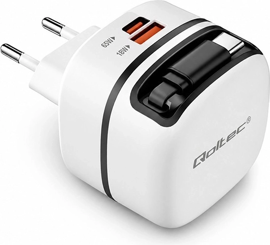 Qoltec GaN síťová nabíječka 65 W USB‑C PD PPS s výsuvným kabelem