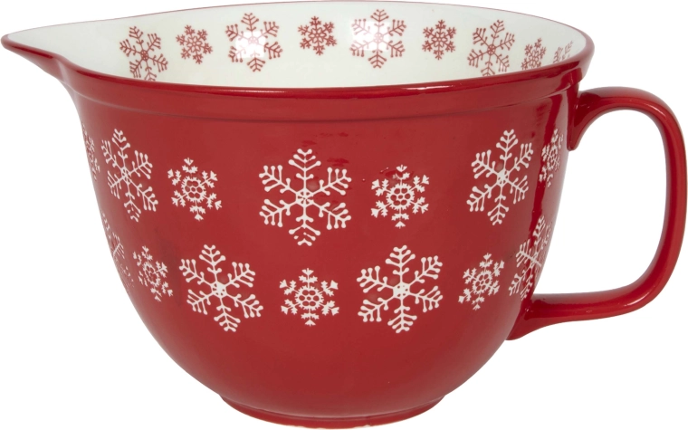 Červená miska s bílými sněhovými vločkami