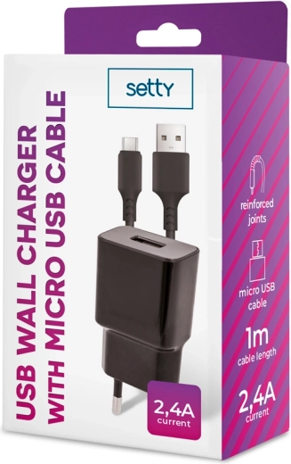 Setty nabíječka 2,4 A s kabelem microUSB 1 m, černá