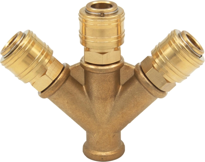 Mosazná roztrojka s vnitřním závitem 3/8" a třemi rychlospojkami