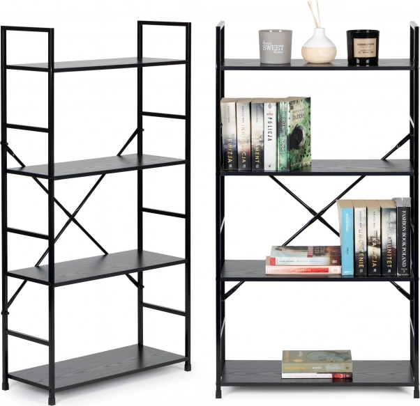 Modernhome loftová policová knihovna z kovu a dřeva, 4 police, černá