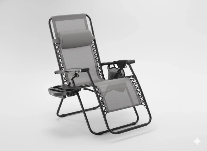 Skládací zahradní lehátko se stolkem, kapsou a polštářkem – šedé