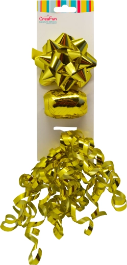 Dárková sada v metalické zlaté – mašle 9 cm, stuha 10 m, mašlička 6 mm (3 ks)