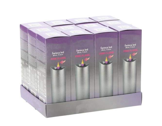 LED svíčka 5 × 15 cm se stříbrným povrchem a růžovým plamenem