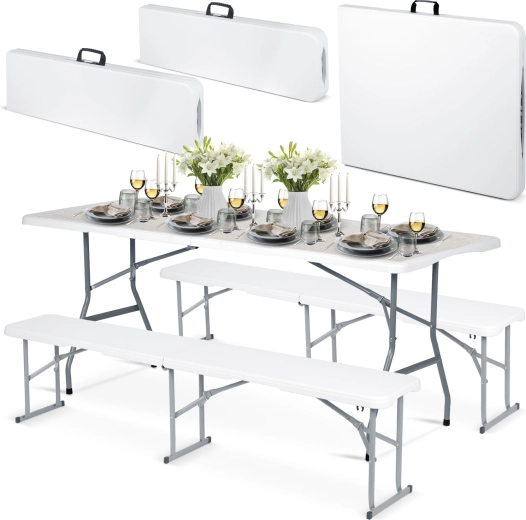 Skládací cateringová zahradní sada – stůl a 2 lavice 180 cm, bílá