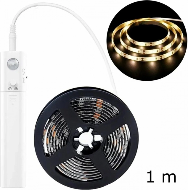 LED pásek s pohybovým senzorem 1 m, studená bílá 5000K, bateriový modul
