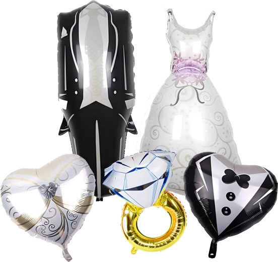 Svatební balónky – šaty, smoking, srdce a zásnubní prsten, 5 ks