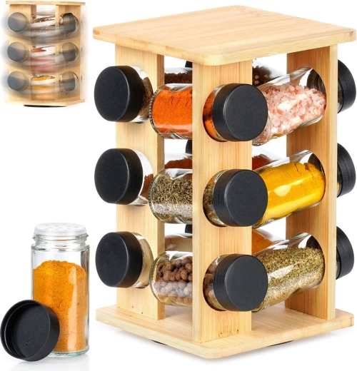 Otočný bambusový stojan na koření se skleněnými dózami, 13dílný