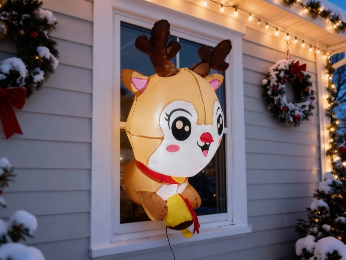 Nafukovací svítící sob na okno 90 cm s LED a přísavkami