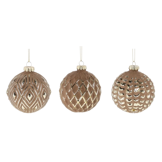 Skleněné vánoční koule 8 cm hnědé se zlatými ornamenty, sada 12 ks