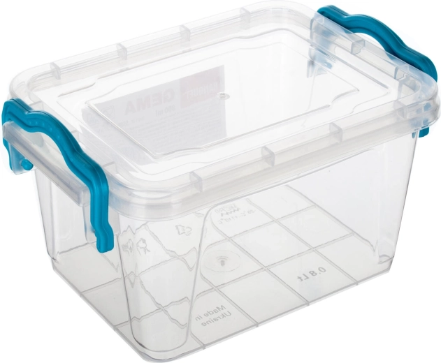 Úložný box Gema 0,8 l s víkem a klipy, transparentní/tyrkysová