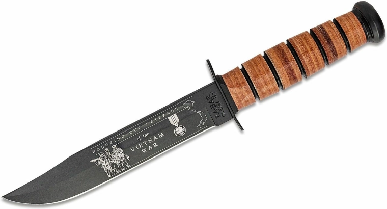 Ka-Bar U.S. Army Vietnam pamětní bojový nůž 17,8 cm, černý, kožená rukojeť, kožené pouzdro