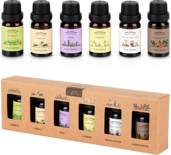 Dárková sada éterických olejů 6×10 ml – bambus, vanilka, šalvěj, jasmín, fresh cotton, santalové dřevo