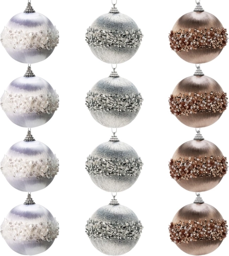 Sada netříštivých vánočních ozdob bílé, stříbrné a šampaňské 8 cm – 12 ks