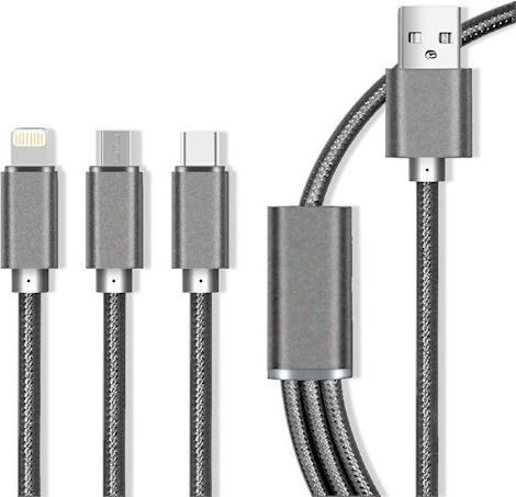 Maxlife nylonový kabel 3v1 s rychlým nabíjením 2.1 A – Lightning/USB‑C/microUSB, šedý