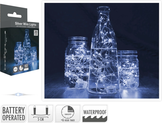 Světelný řetěz 1,3 m 20 LED studená bílá, voděodolný s časovačem