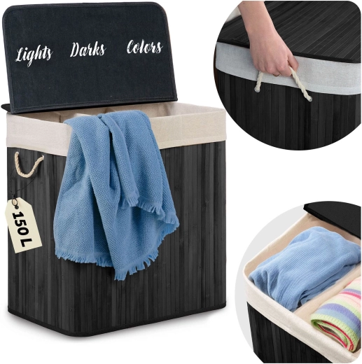 Bambusový koš na prádlo s víkem 150 l, 3komorový