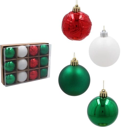 Sada vánočních koulí 6 cm – červené, zelené a bílé, nerozbitné, 12 ks