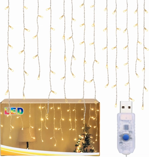 Vánoční světelný závěs s rampouchy, 96 LED, teplá bílá, USB, 3,5 m