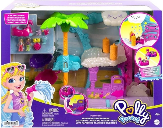 Polly Pocket Flamingová myčka – herní set s autem měnícím barvu