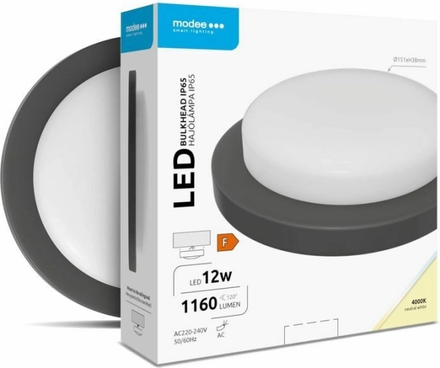 Kulaté nástěnné/stropní LED svítidlo 12 W, 4000 K, 1160 lm, černé – MODEE LED Bulkhead Round