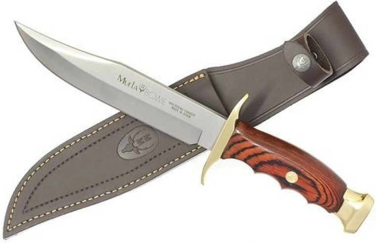 Lovecký nůž Muela BW-18 s čepelí 18 cm z oceli MoVa, korálové dřevo Pakka, mosaz, kožené pouzdro