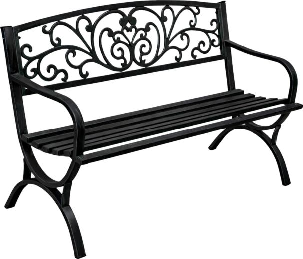 Kovová zahradní lavice s ozdobným opěradlem, černá, 127 cm