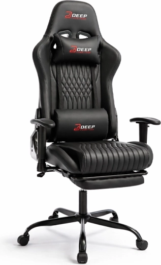 Ergonomická herní židle s podnožkou, výškově nastavitelná, černá