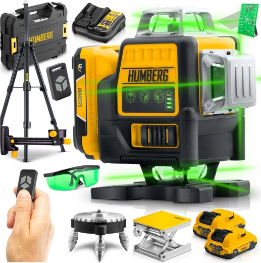 Křížový laser HUMBERG HM-171 ve kufru se stativem, 4D 16 linií, zelený paprsek