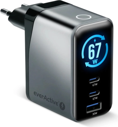 EverActive GaN nabíječka 67 W s LCD (2× USB-C + USB-A)