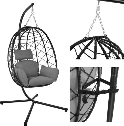 Závěsné křeslo vajíčko GARDLOV s polštáři, 150 kg, černé/šedé