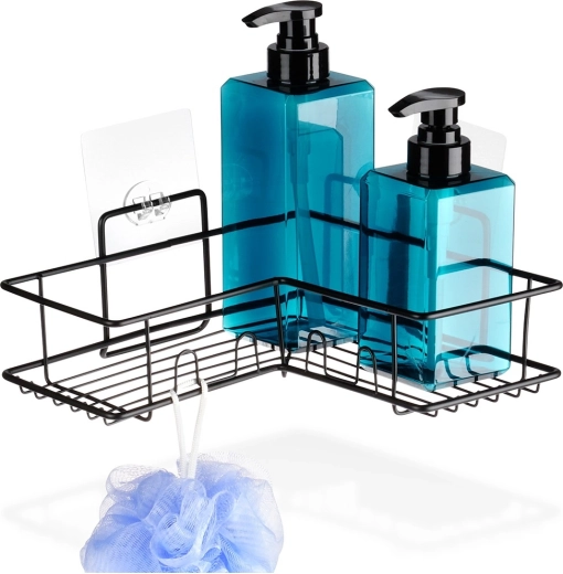 Rohová přisávací koupelnová polička z černého kovu VILDE