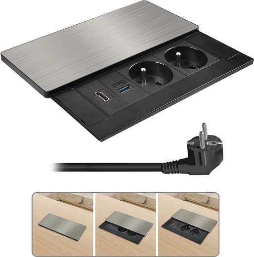 Solight vestavný blok zásuvek s posuvným krytem, HDMI a USB nabíjením 20 W PD, stříbrný