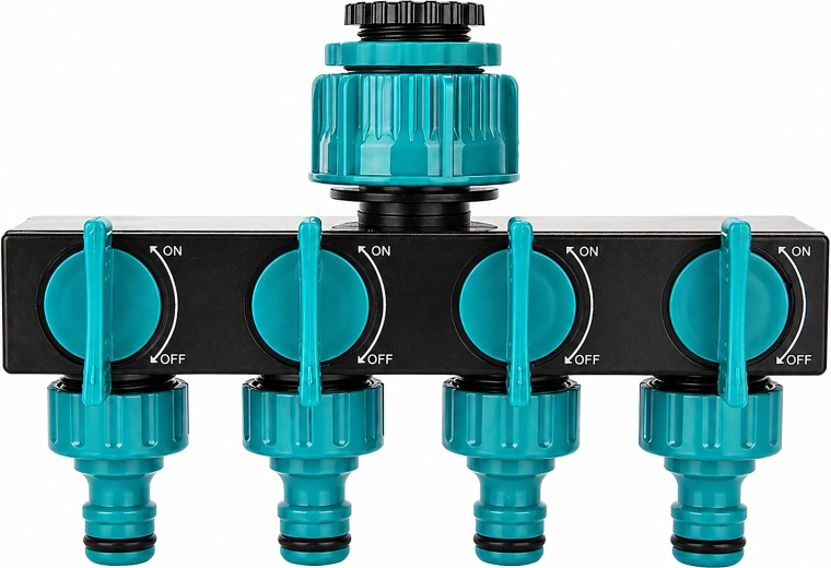 Čtyřcestný rozdělovač na zahradní kohoutek pro hadici s ventily a redukcí 3/4"–1/2"