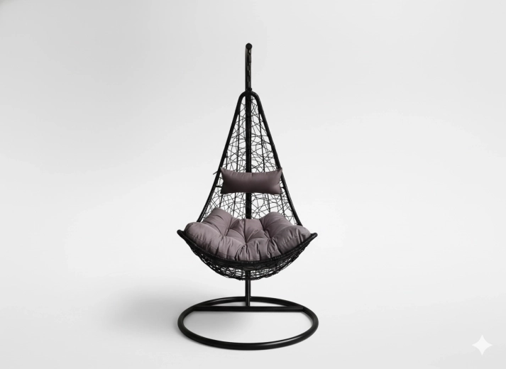 Závěsné křeslo z technoratanu, černé s šedým polstrem, ocelový stojan