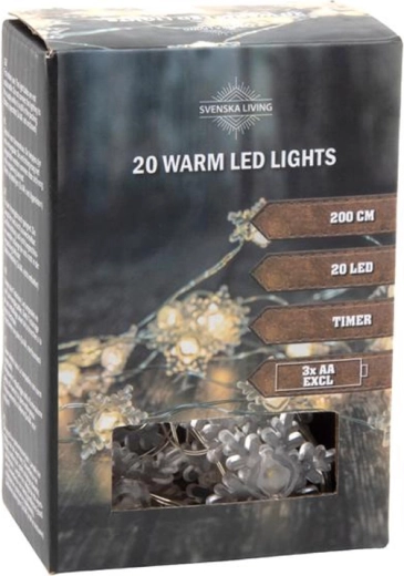 Světelný řetěz s časovačem, 20 LED vločky, 200 cm