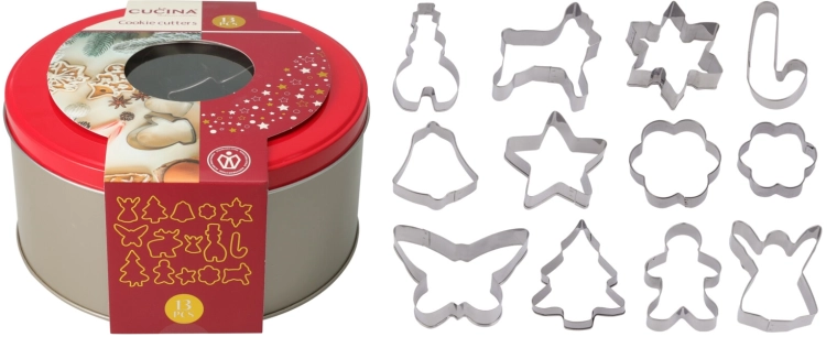 Sada nerezových vykrajovátek na cukroví 12 ks v kovové dóze