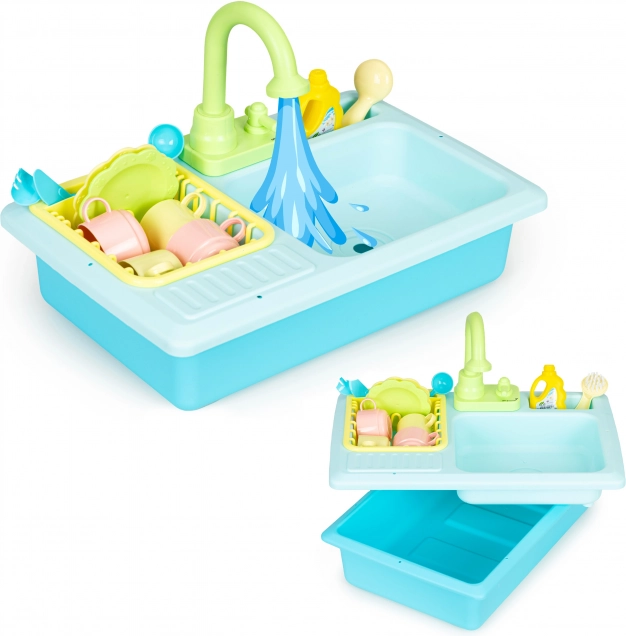 Kuchyňský dřez s kohoutkem naplněným vodou, 12 doplňků, dětská hračka