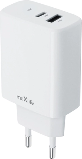 Nabíječka do sítě MAXLIFE 30 W s USB‑C PD a USB‑A QC, bílá